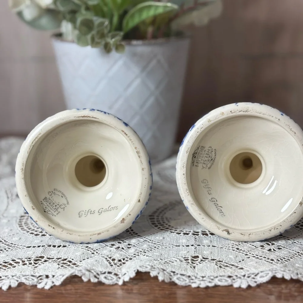 Staffordshire Chelsea Works Burslem Artisan Blue Cream Ceramic Candle Holders